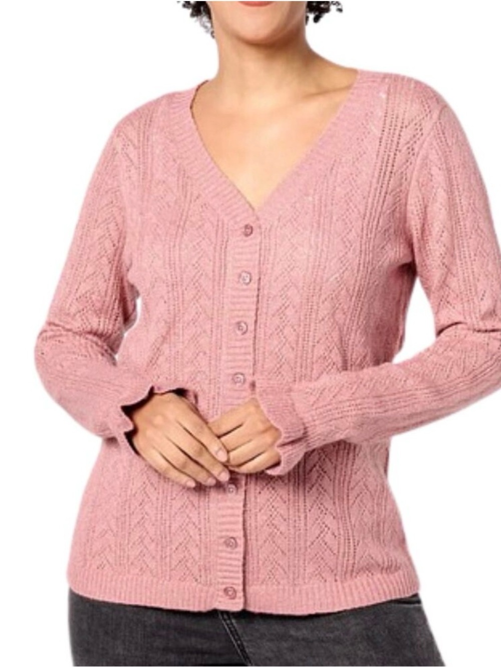 Denim& Co Lightweight Knit Cardigan Sweater NEW Size Large Mauve Pink Coquette